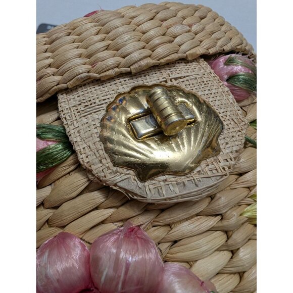 Handmade Ratan bucket 2 handled purse Philippines pink flower shell gold clasp - Picture 6 of 11